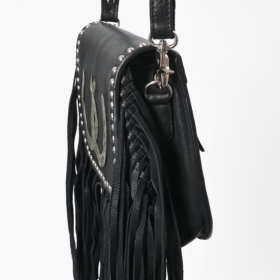American Darling Black Genuine Leather Fringe Crossbody Bag w/ Horseshoe Concho