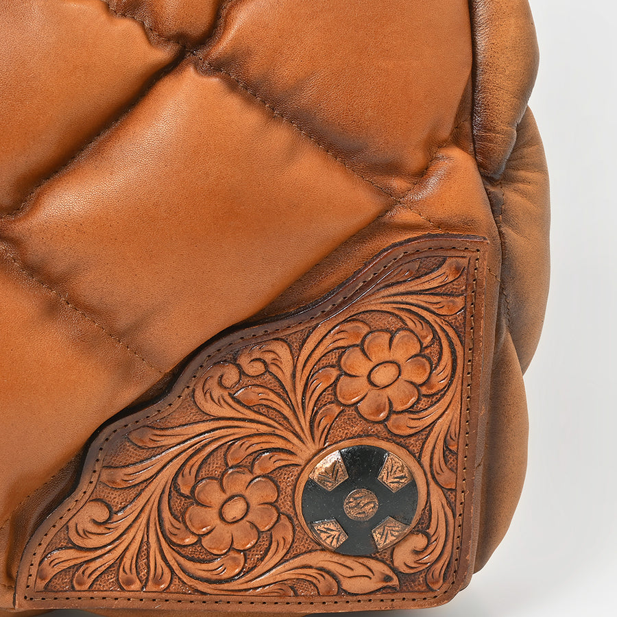 American Darling Quilted Leather Tote Bag for Women, Western Shoulder Purse with Floral Tooled Accent Tan