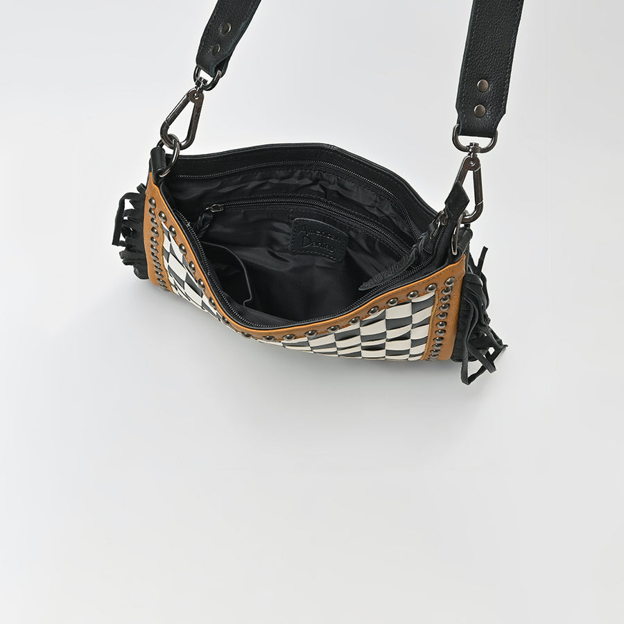 American Darling Checkered Western Crossbody Bag Black & White Tan Leather Trim