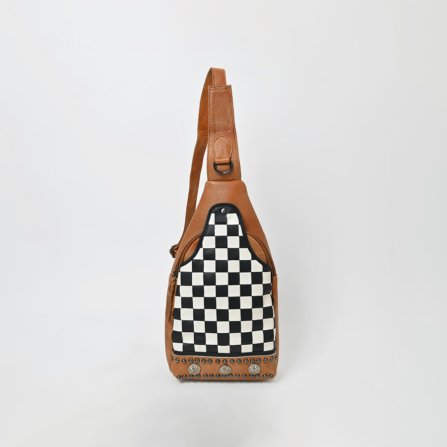 American Darling Chestnut Sling Bag Black White Checkered Panel Crossbody Style