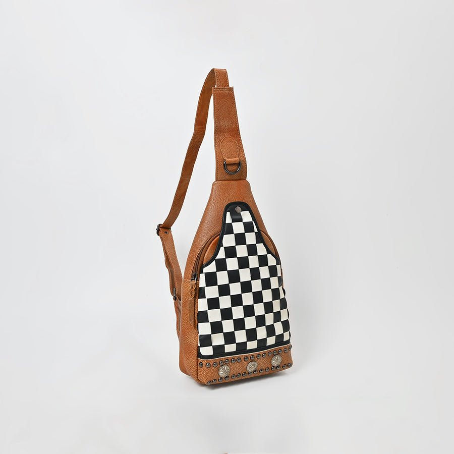 American Darling Chestnut Sling Bag Black White Checkered Panel Crossbody Style
