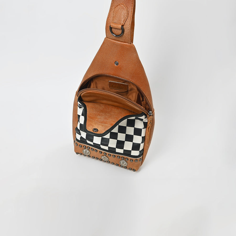 American Darling Chestnut Sling Bag Black White Checkered Panel Crossbody Style