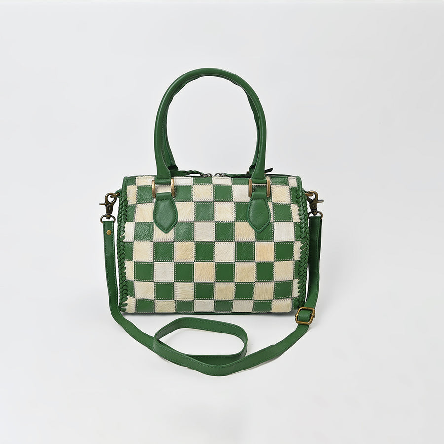 American Darling Hair-On Hide Satchel Bag for Women, Checkered Leather Handbag with Braided Crossbody Strap Black & Green