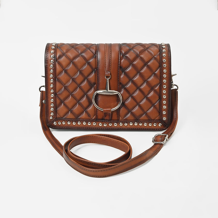 American Darling Quilted Leather Crossbody Bag for Women, Western Studded Shoulder Purse with Buckle Accent