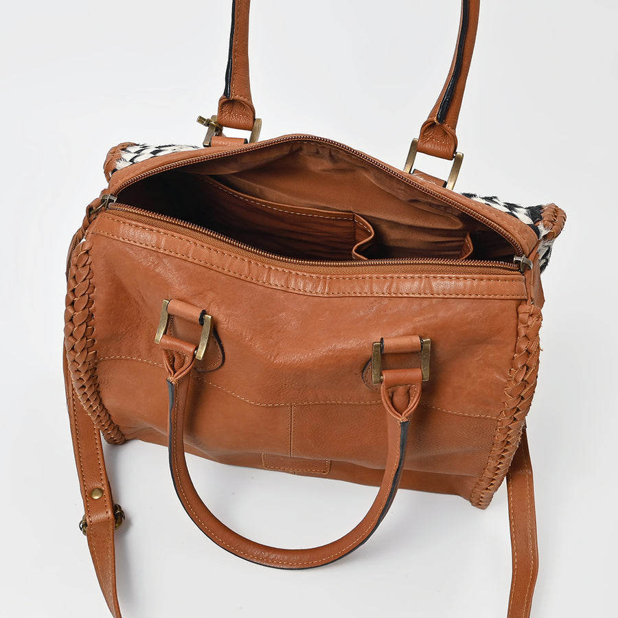 American Darling Woven Hair-On Hide Leather Satchel Bag for Women, Western Crossbody Purse with Tassel