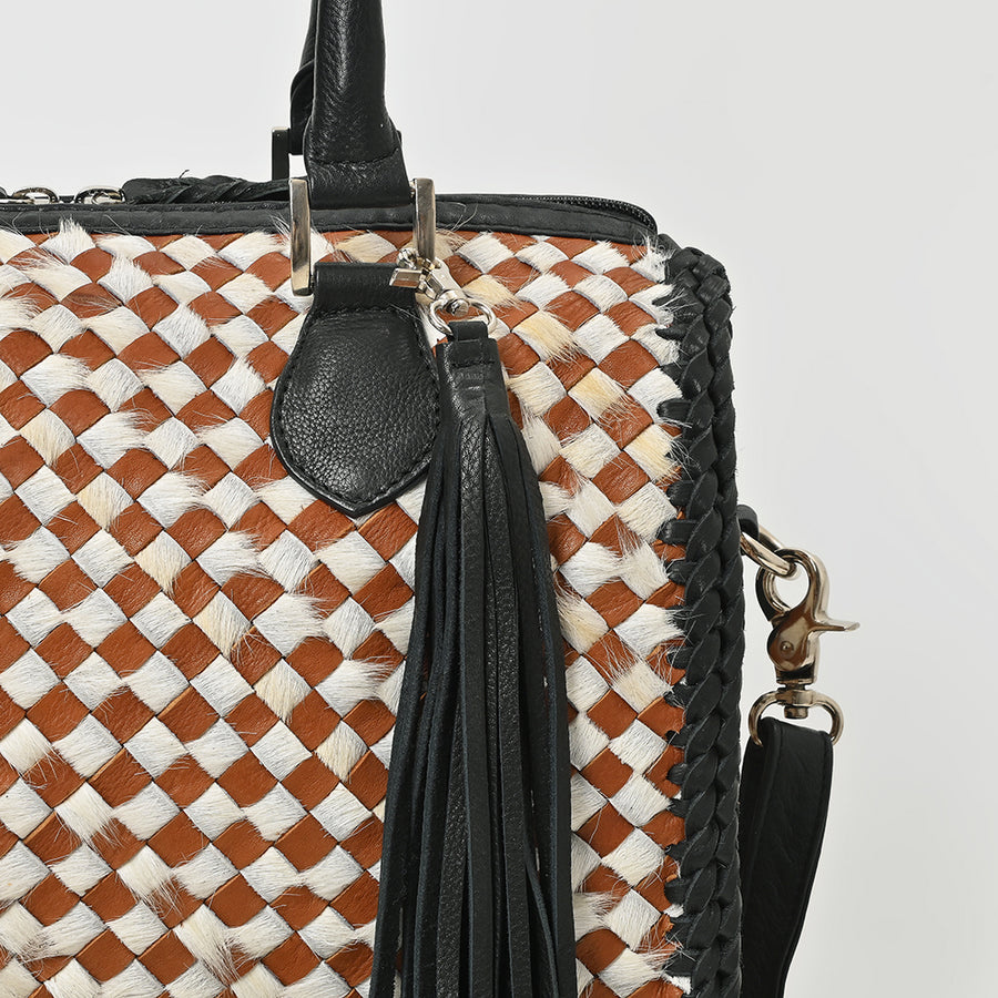 American Darling Handwoven Leather Barrel Bag with Tassel & Dual Handles – Stylish Crossbody Satchel Handbag
