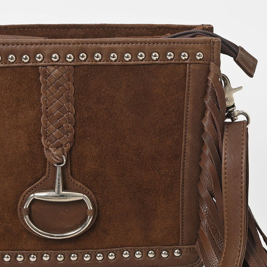 American Darling Western Fringe Crossbody Bag for Women, Studded Leather Purse with Horse Bit Accent, Brown