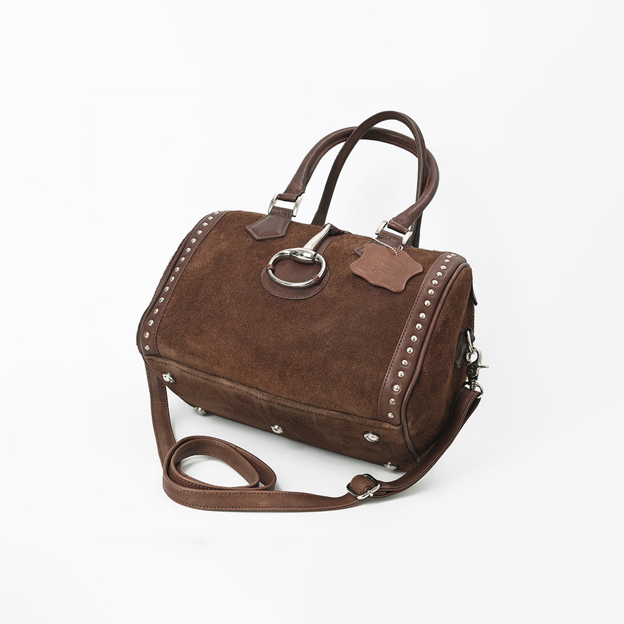 American Darling Brown Suede Leather Speedy Bag with Silver Horse Bit Accent