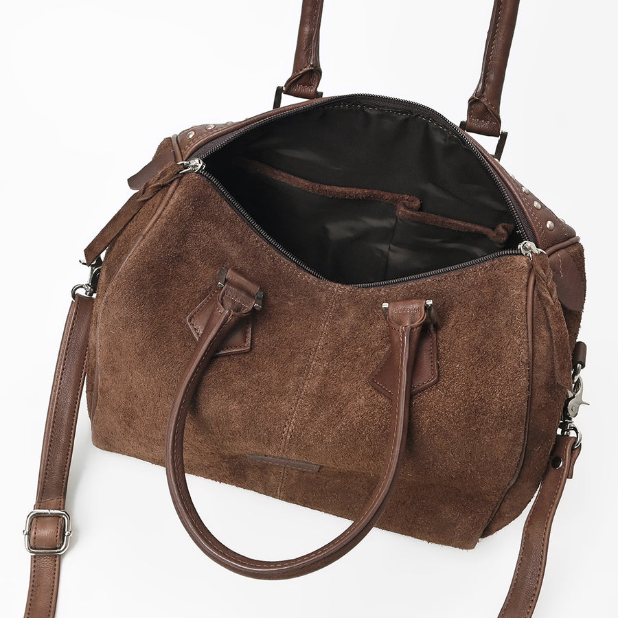 American Darling Brown Suede Leather Speedy Bag with Silver Horse Bit Accent