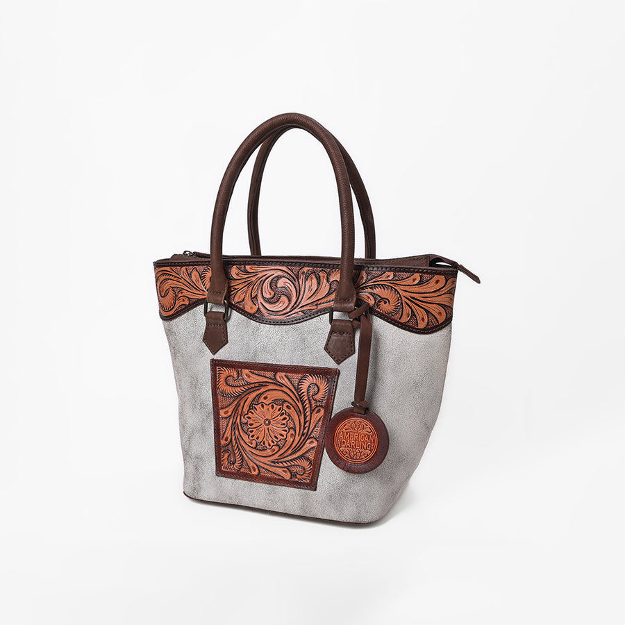 White suede tote bag with tooled leather trim and brown handles - Uhorse