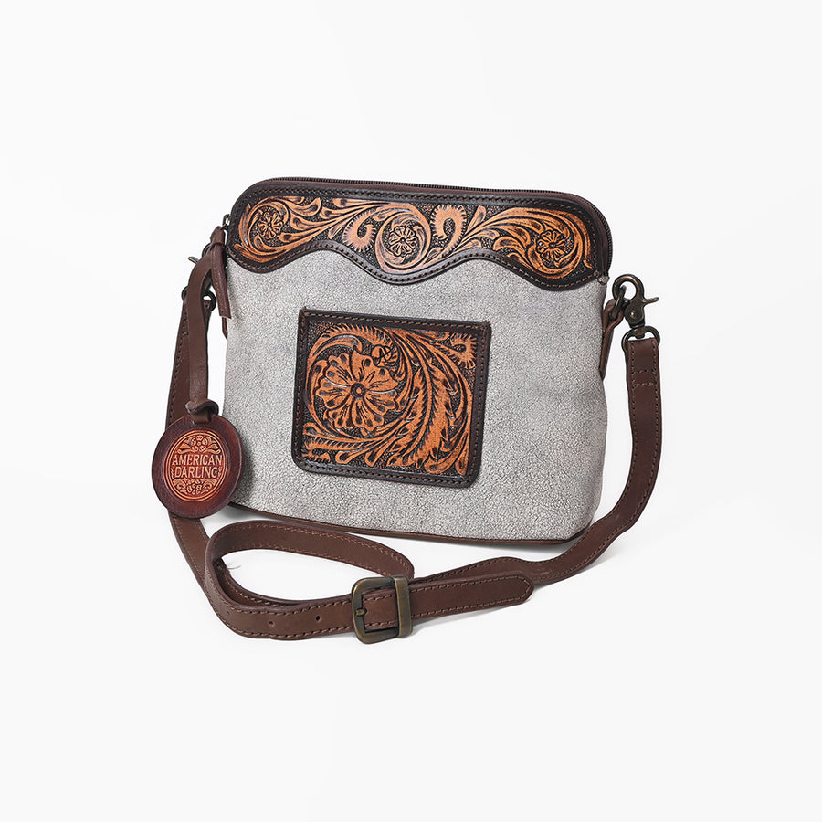 Gray canvas and brown leather crossbody bag with tooled leather trim - Uhorse
