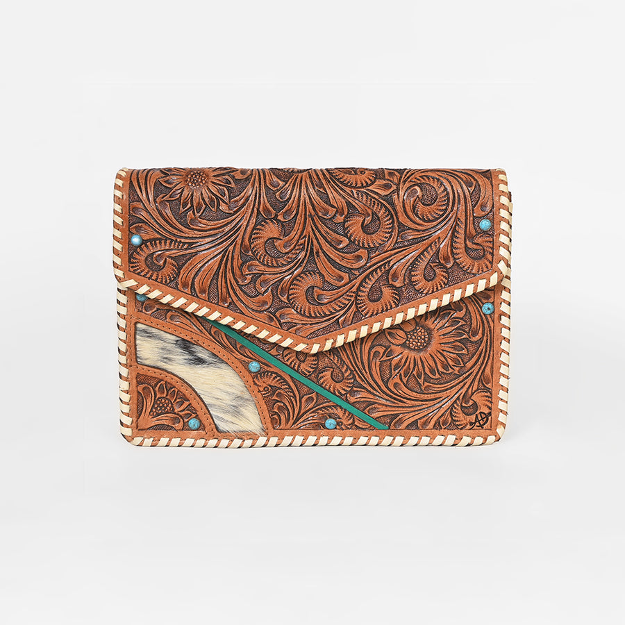 American Darling Tooled Leather Clutch Wallet for Women, Hair-On Hide Western Organizer with Whipstitch Detail
