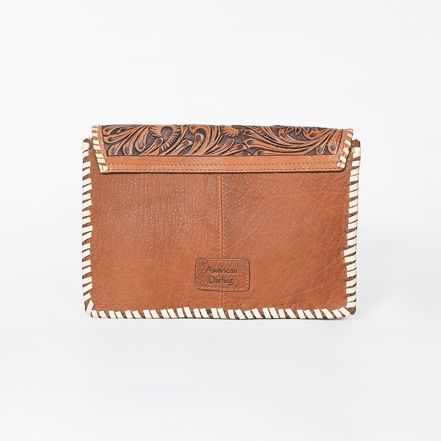 American Darling Tooled Leather Clutch Wallet for Women, Hair-On Hide Western Organizer with Whipstitch Detail