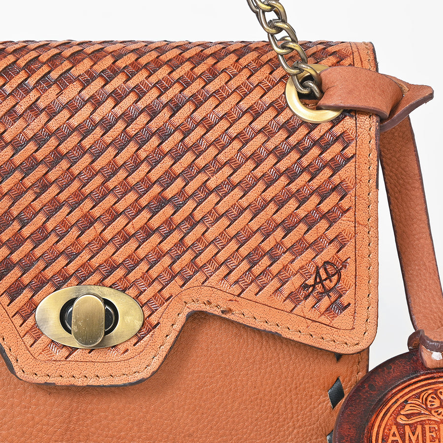 American Darling Genuine Leather Basketweave Tooled Crossbody Bag