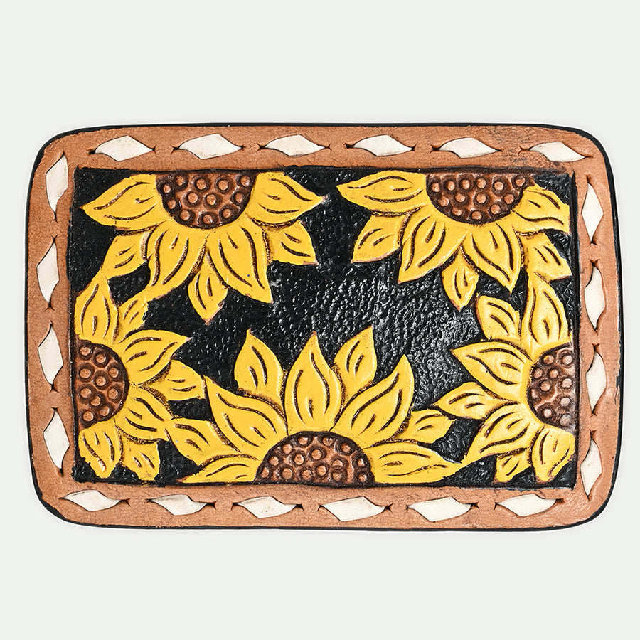 Tan leather belt with black buckle and white diamond stitching - Uhorse