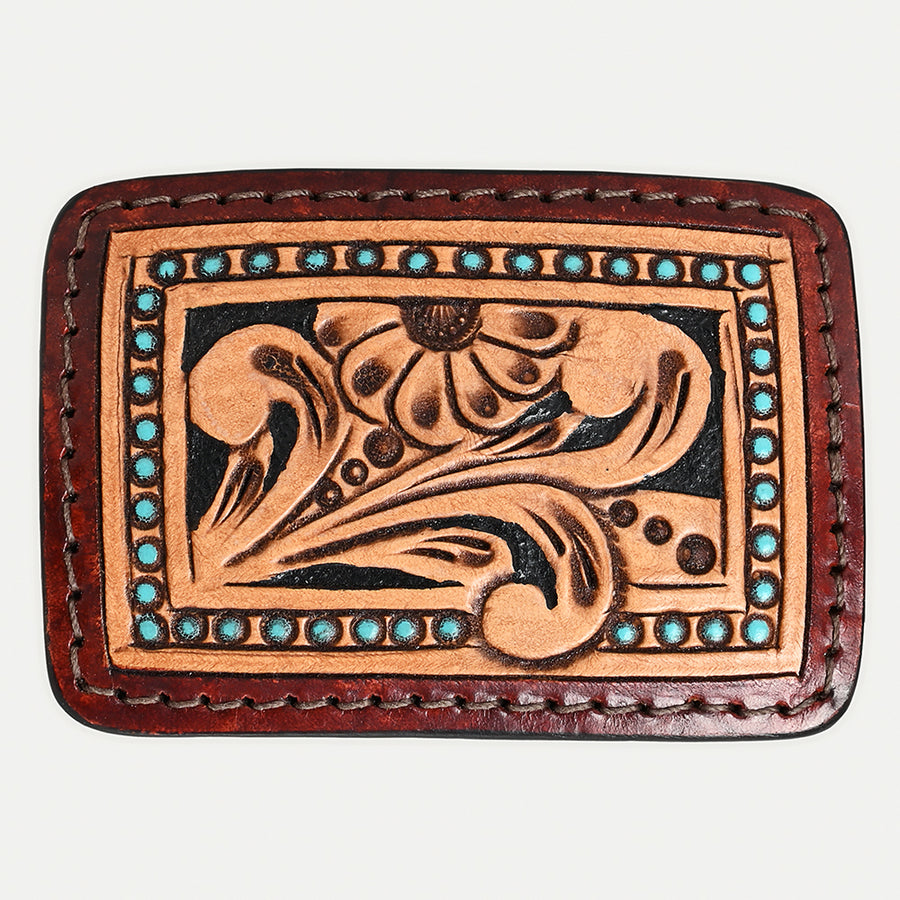 AMERICAN DARLING Floral Hand Carved Painted Belt Buckle Genuine Leather Covered Stylish Buckle Brown - Uhorse