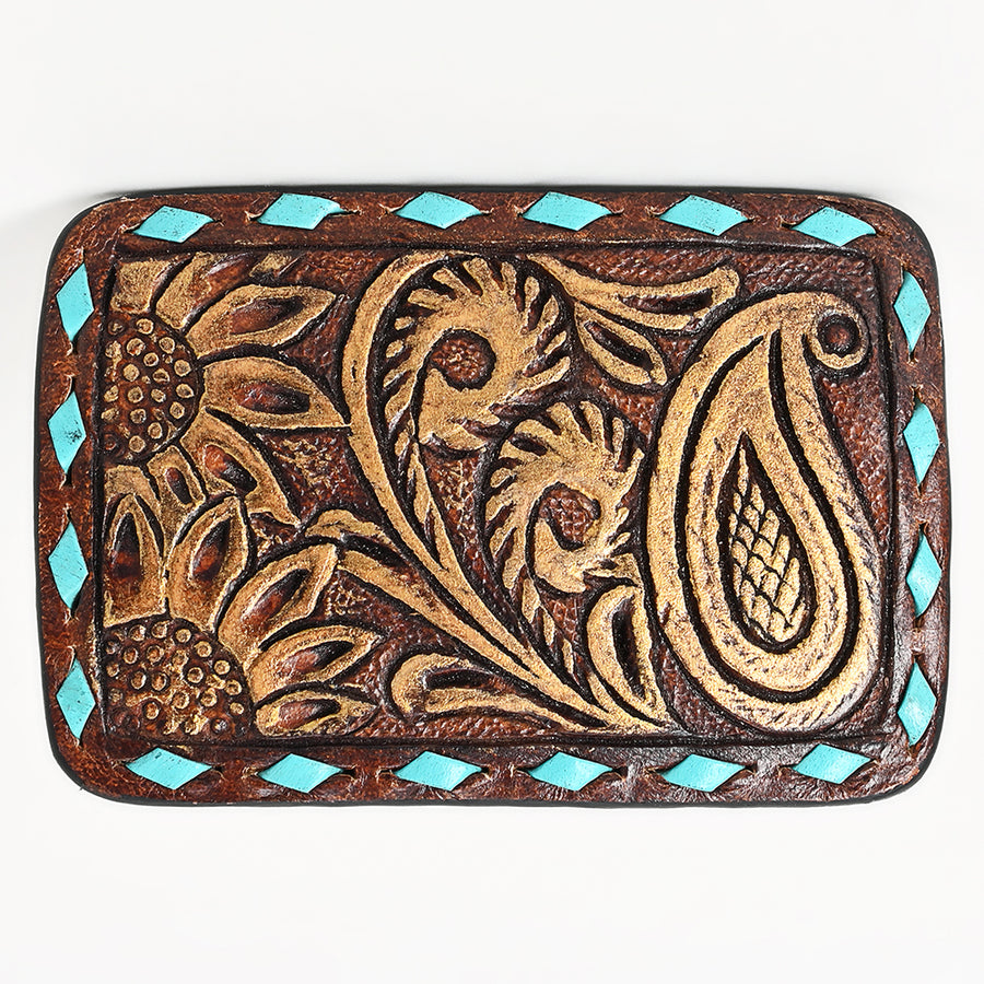AMERICAN DARLING Floral Hand Carved Painted Belt Buckle Genuine Leather Covered Stylish Buckle - Uhorse