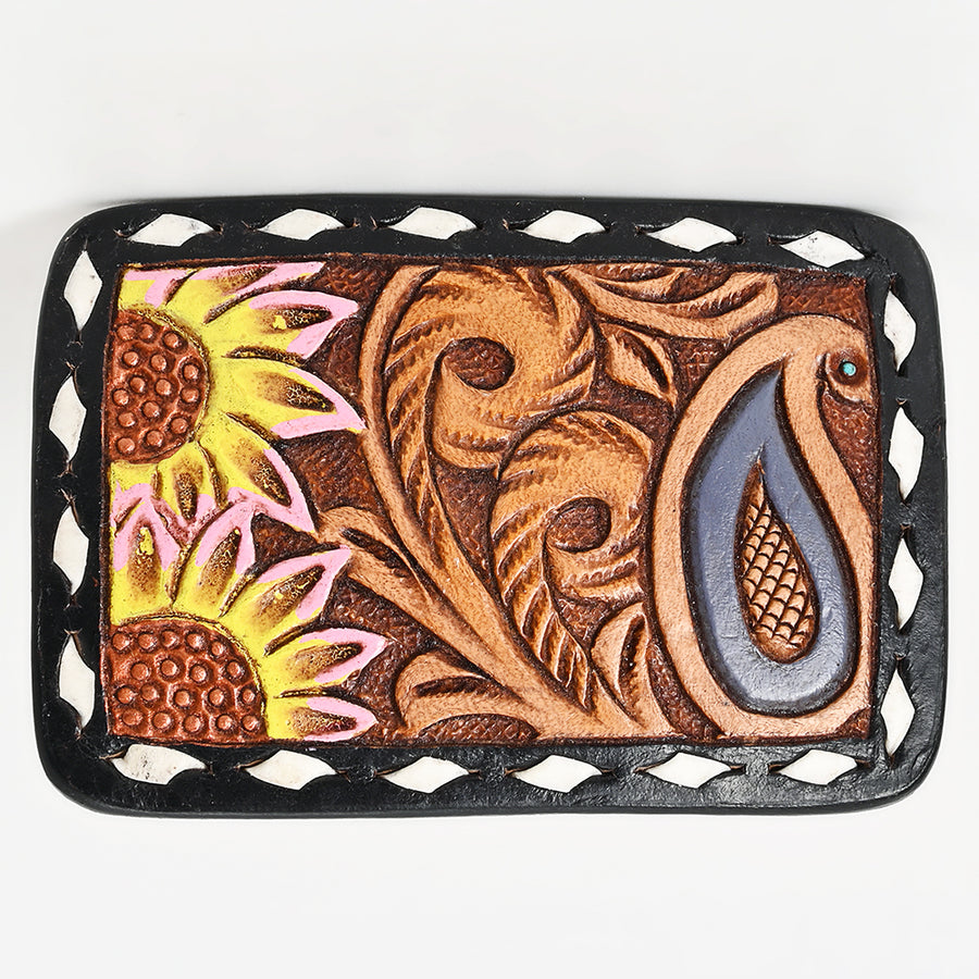AMERICAN DARLING Floral Hand Carved Painted Belt Buckle Genuine Leather Covered Stylish Buckle - Uhorse