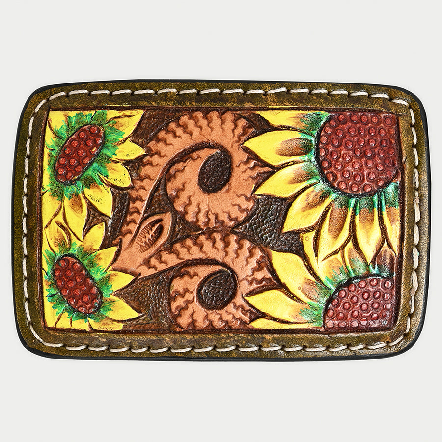 AMERICAN DARLING Floral Hand Carved Painted Belt Buckle Genuine Leather Covered Stylish - Uhorse
