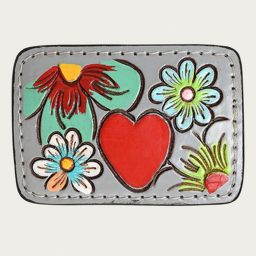 AMERICAN DARLING Floral Hand Carved Painted Belt Buckle Genuine Leather Covered Stylish Grey - Uhorse