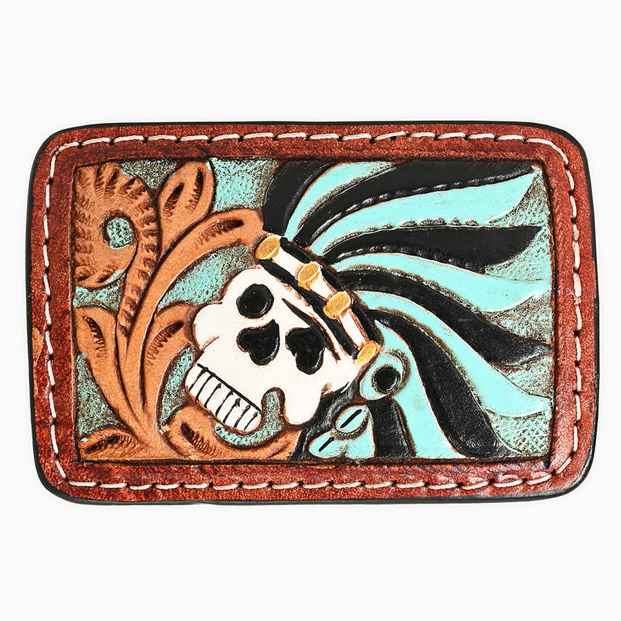 AMERICAN DARLING Skull Hand Carved Painted Belt Buckle Genuine Leather Covered Stylish Buckle Brown - Uhorse