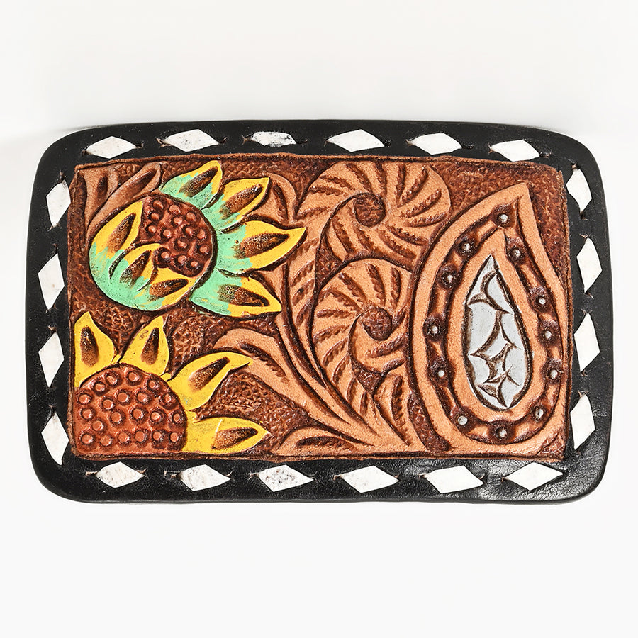 AMERICAN DARLING Floral Hand Carved Painted Belt Buckle Genuine Leather Covered Stylish Brown - Uhorse
