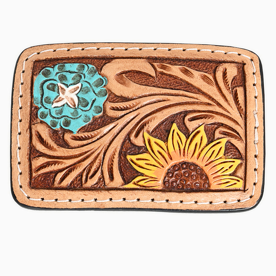 AMERICAN DARLING Floral Hand Carved Painted Belt Buckle Genuine Leather Covered Stylish - Uhorse