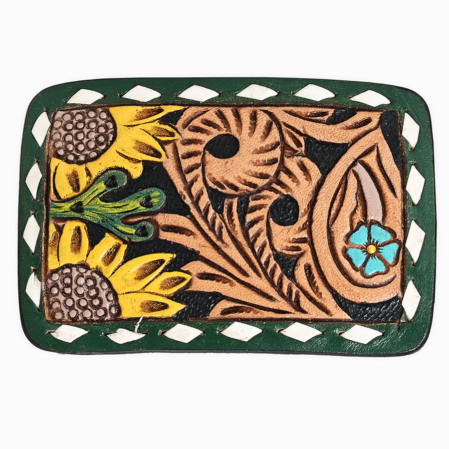 AMERICAN DARLING Floral Hand Carved Painted Belt Buckle Genuine Leather Covered Stylish - Uhorse