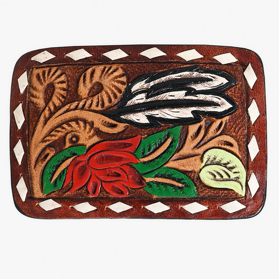 AMERICAN DARLING Floral Hand Carved Painted Belt Buckle Genuine Leather Covered Stylish Buckle Brown - Uhorse