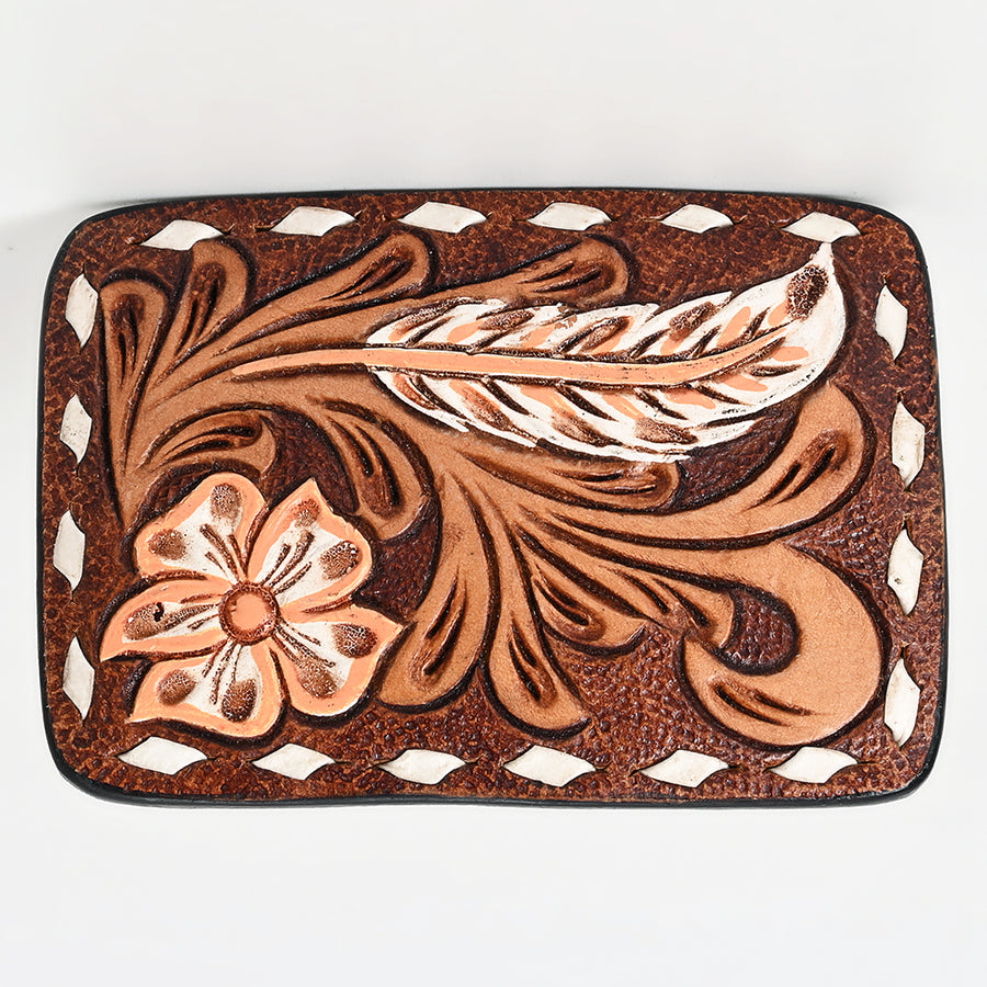 AMERICAN DARLING Floral Hand Carved Painted Belt Buckle Genuine Leather Covered Stylish Buckle Brown - Uhorse