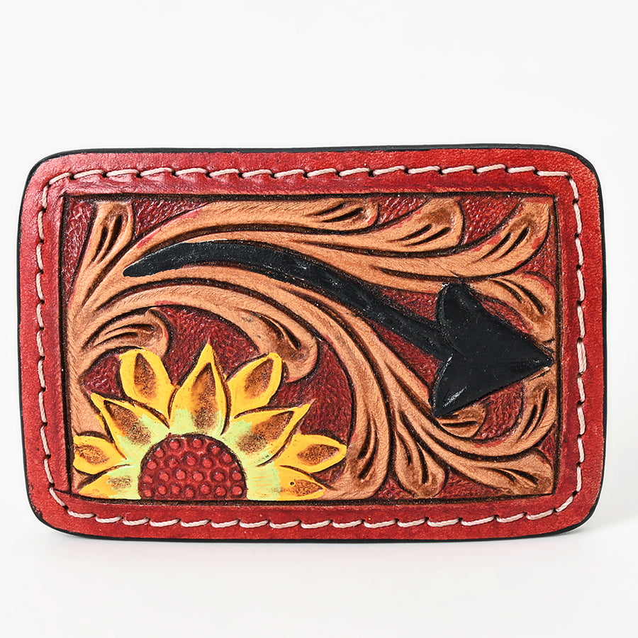 AMERICAN DARLING Floral Hand Carved Painted Belt Buckle Genuine Leather Covered Stylish Brown - Uhorse
