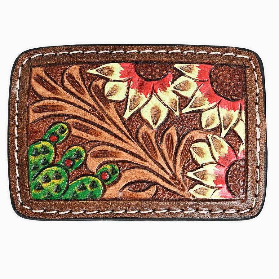 AMERICAN DARLING Floral Hand Carved Painted Belt Buckle Genuine Leather Covered Stylish Brown - Uhorse
