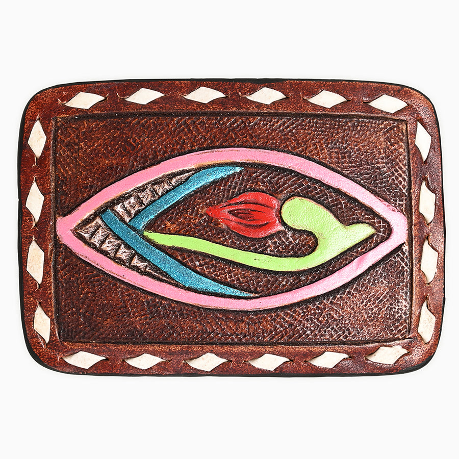 AMERICAN DARLING Floral Hand Carved Painted Belt Buckle Genuine Leather Covered Stylish Brown - Uhorse