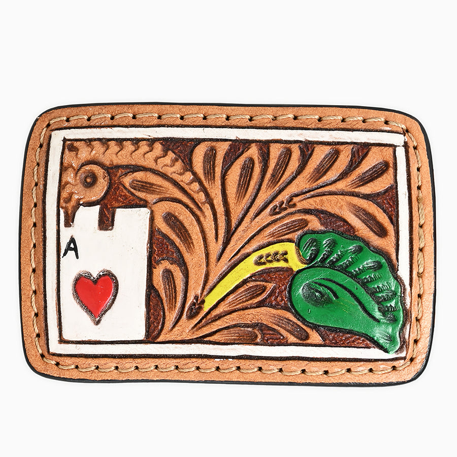 AMERICAN DARLING Poker Cards Hand Carved Painted Belt Buckle Genuine Leather Covered Stylish Tan - Uhorse
