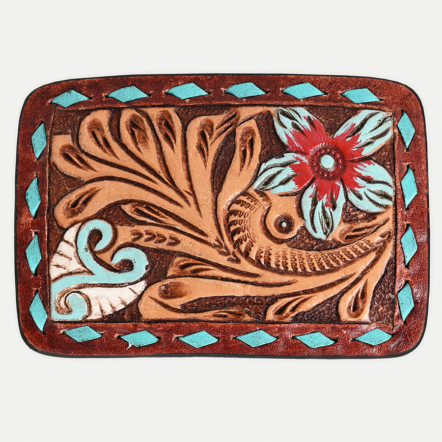 AMERICAN DARLING Floral Hand Carved Painted Belt Buckle Genuine Leather Covered Stylish Brown - Uhorse