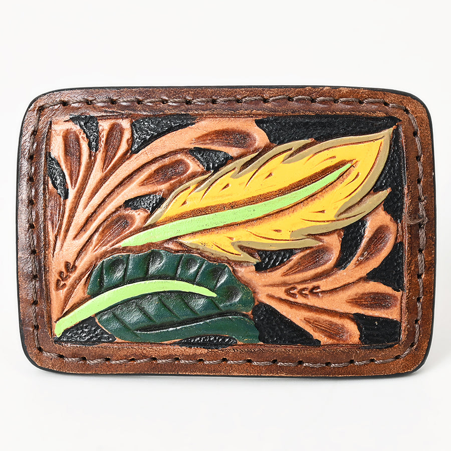 AMERICAN DARLING Floral Hand Carved Painted Belt Buckle Genuine Leather Covered Stylish Brown - Uhorse