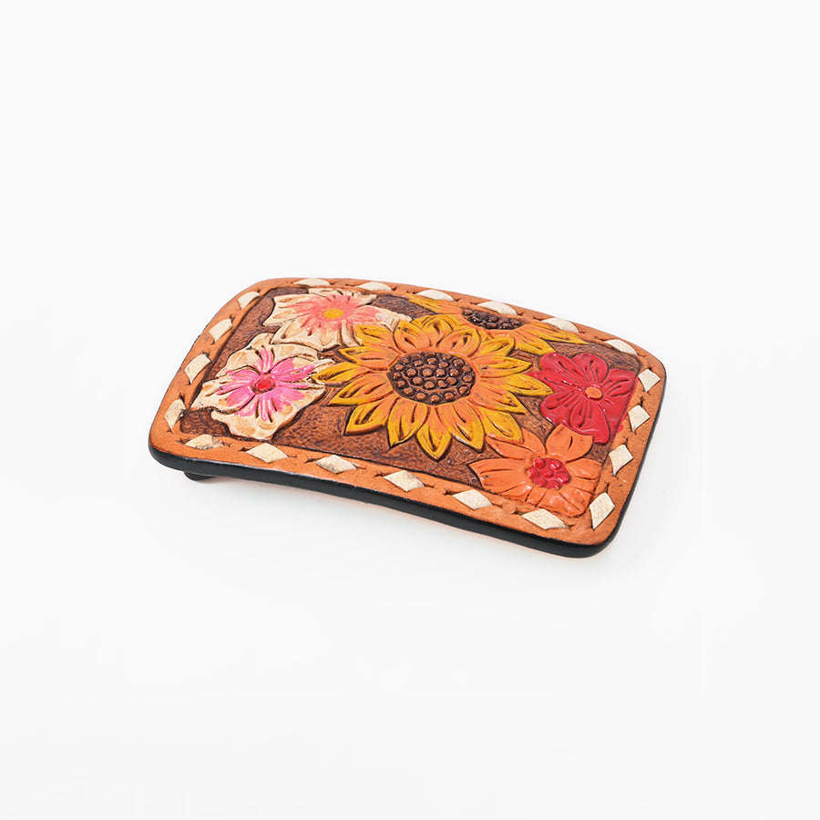 AMERICAN DARLING Floral Hand Tooled Painted Belt Buckle Genuine Leather Sunflower Brown