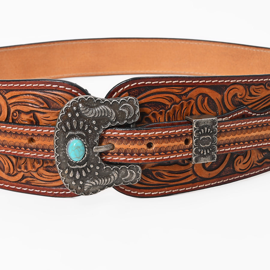 American Darling Women's Hand Tooled Leather Wide Belt Turquoise Buckle