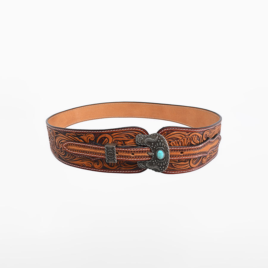 American Darling Women's Hand Tooled Leather Wide Belt Turquoise Buckle