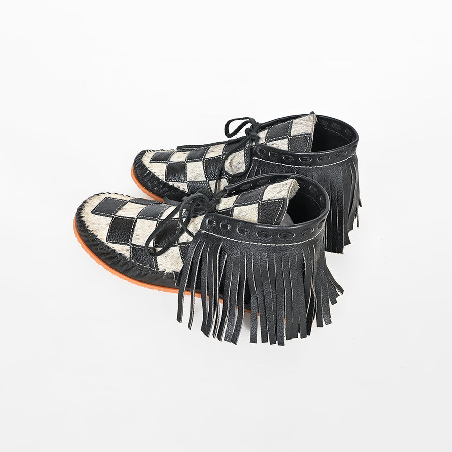 American Darling Checkerboard Hair-on-Hide Moc Moccasins – Western Fringe Leather Shoes