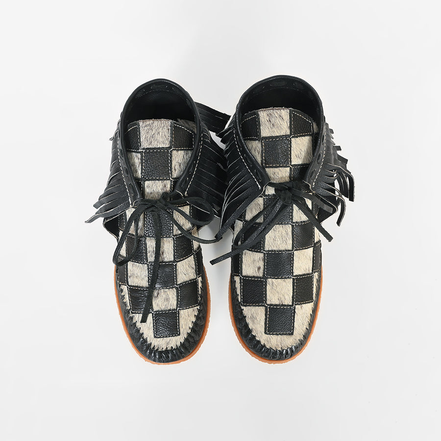 American Darling Checkerboard Hair-on-Hide Moc Moccasins – Western Fringe Leather Shoes