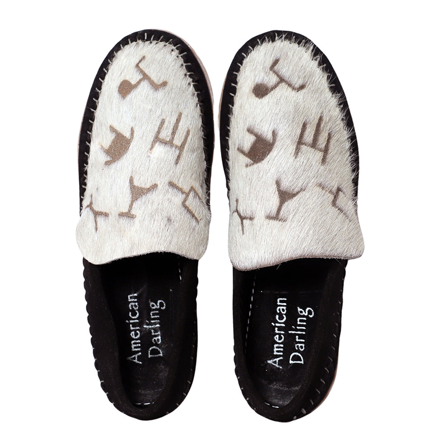 American Darling Western Hair-on-Hide Moccasins – Print Black Suede Slip-On Loafers