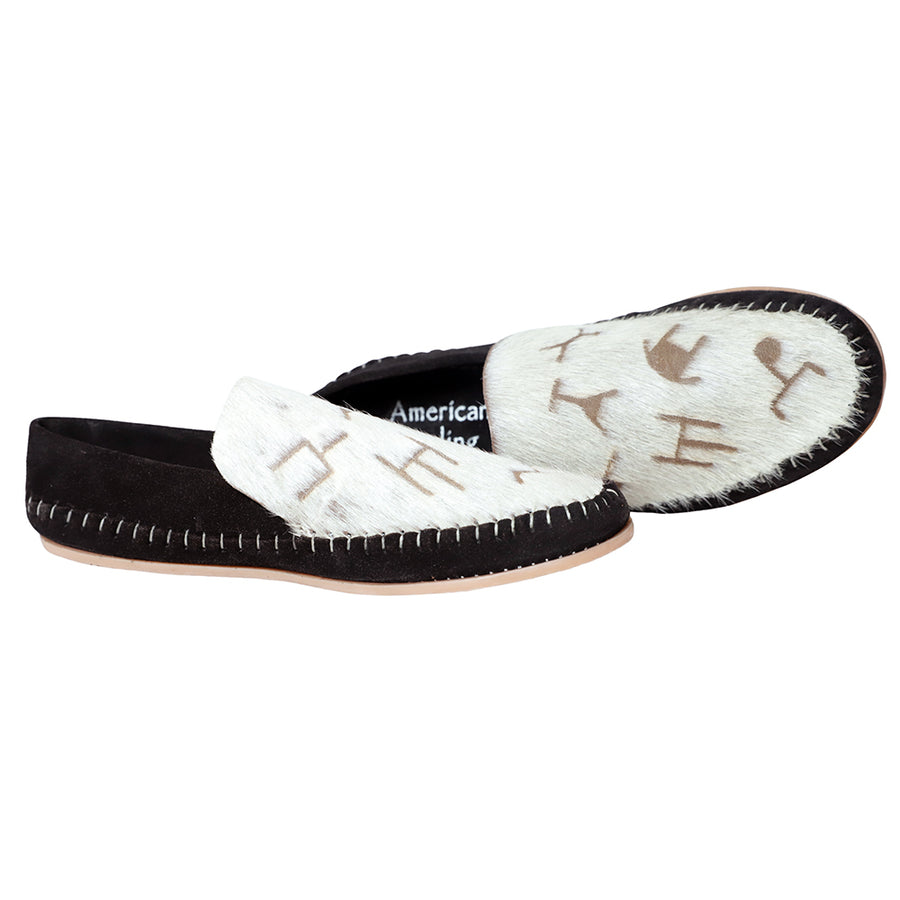American Darling Western Hair-on-Hide Moccasins – Print Black Suede Slip-On Loafers