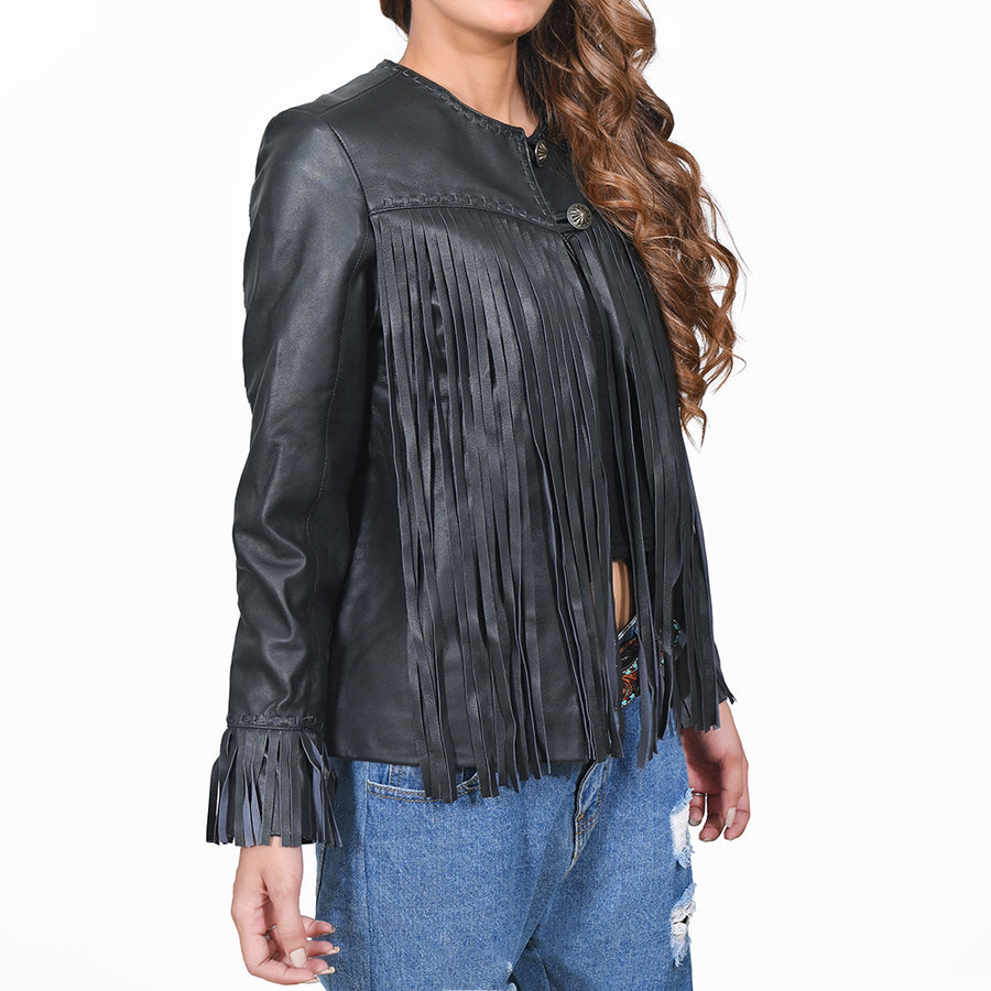American Darling Women's Premium Black Leather Fringe Western Jacket