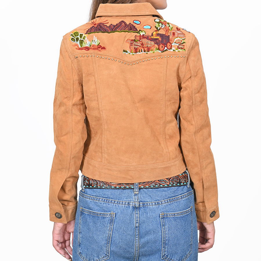 American Darling Women's Premium Tan Suede Leather Embroidered Cactus Western Jacket