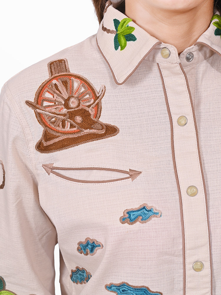 American Darling Western Apparel for Women Light Beige Cotton Linen Shirt with Hand-Stitched Wagon Wheel & Cactus Embroidery