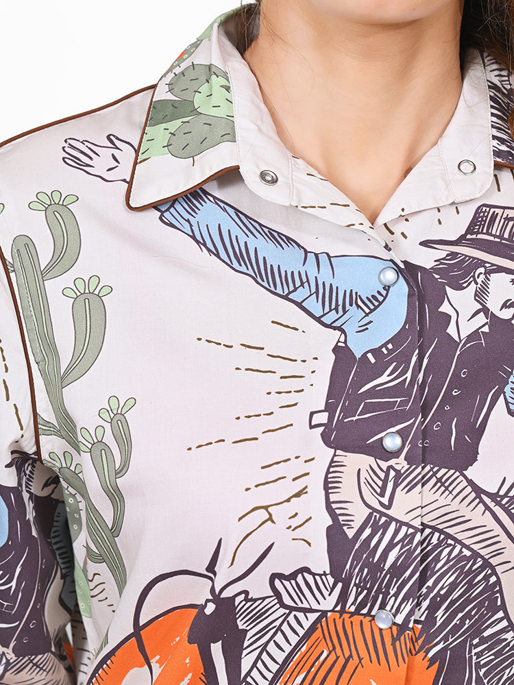 American Darling 100% Satin Cotton Western Shirt – Rodeo Print Button Down Long Sleeve Top
