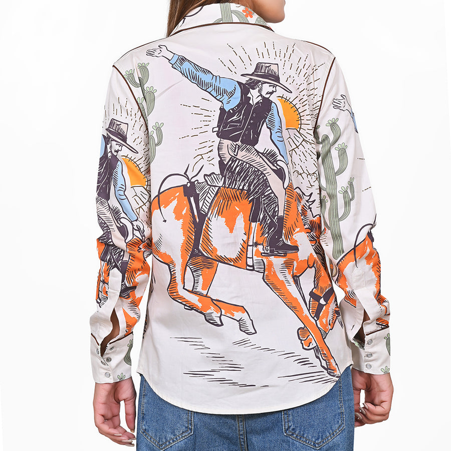 American Darling 100% Satin Cotton Western Shirt – Rodeo Print Button Down Long Sleeve Top