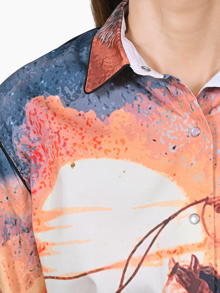 American Darling 100% Satin Cotton Western Shirt – Sunset Cowboy Rodeo Graphic Button Down Top