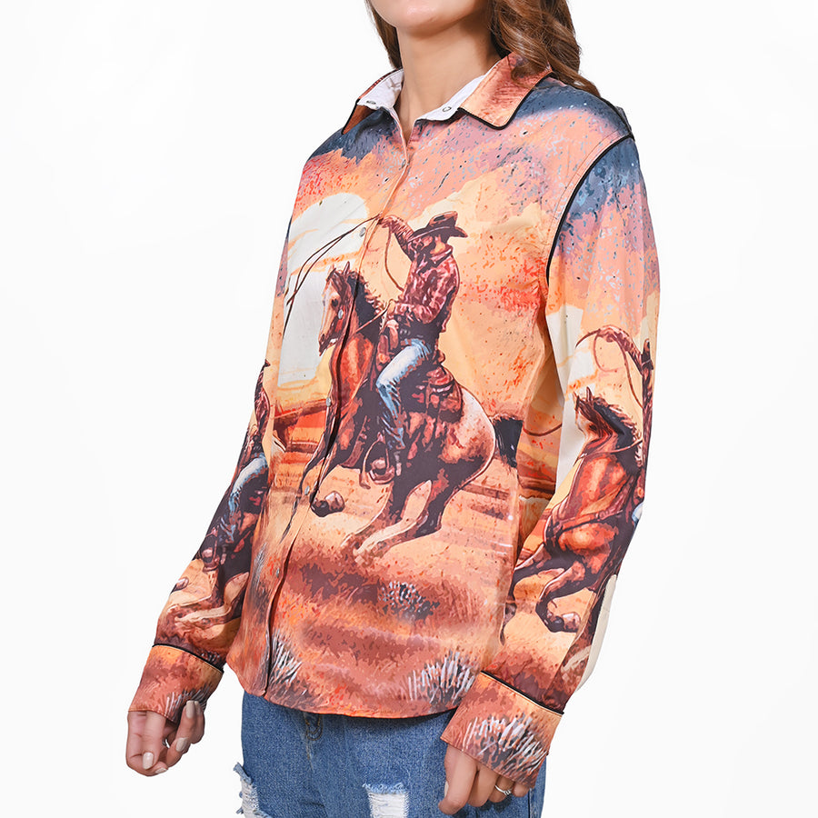 American Darling 100% Satin Cotton Western Shirt – Sunset Cowboy Rodeo Graphic Button Down Top